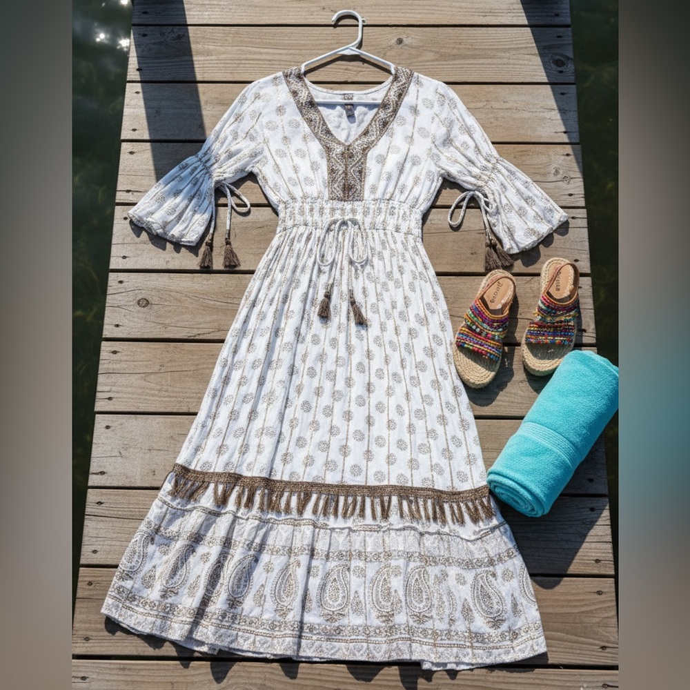 ME 2 MAGIC Women’s Boho Embroidered White Gold Midi Dress with Flutter Sleeves